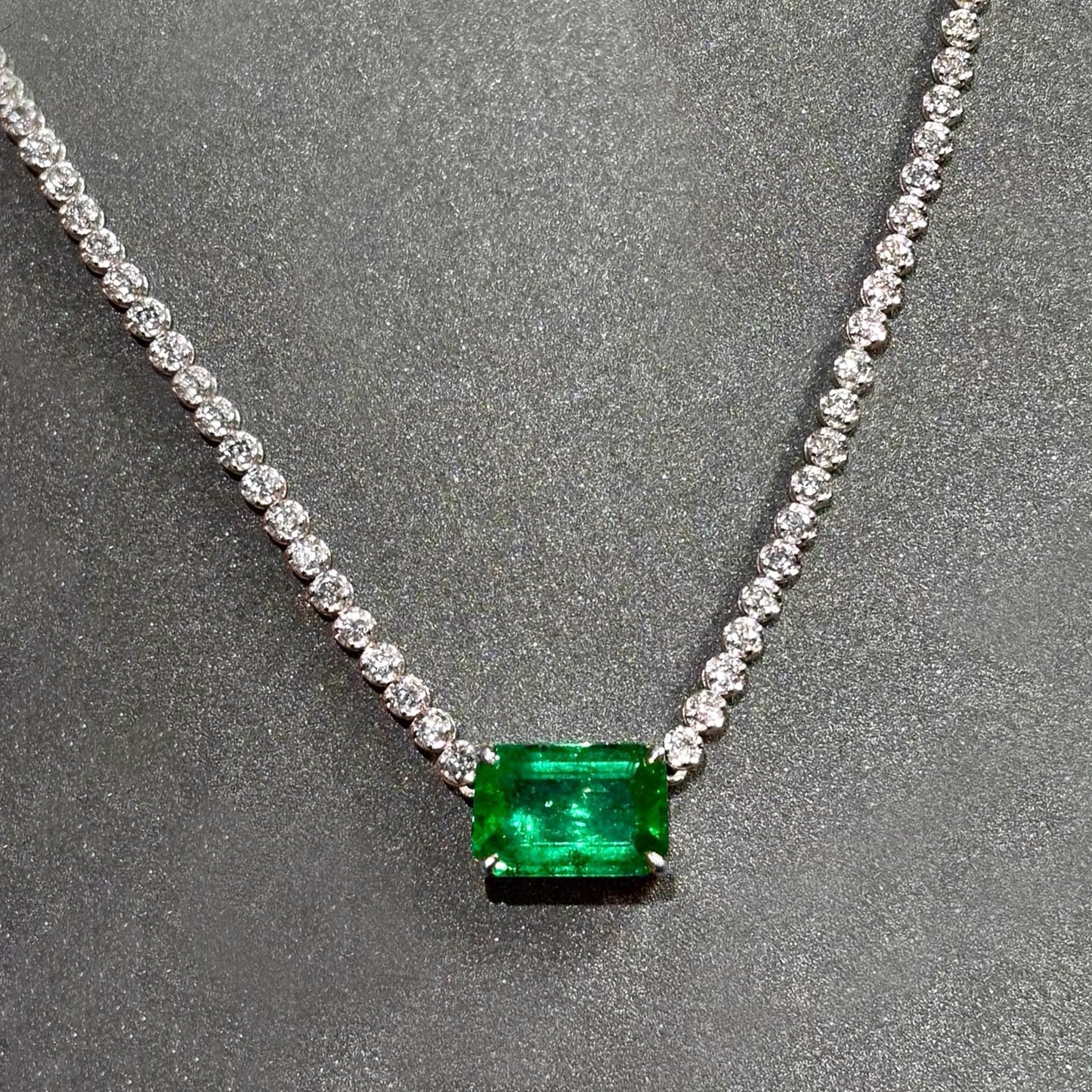 4ct emerald diamond tennis necklact in 18k white gold zoom