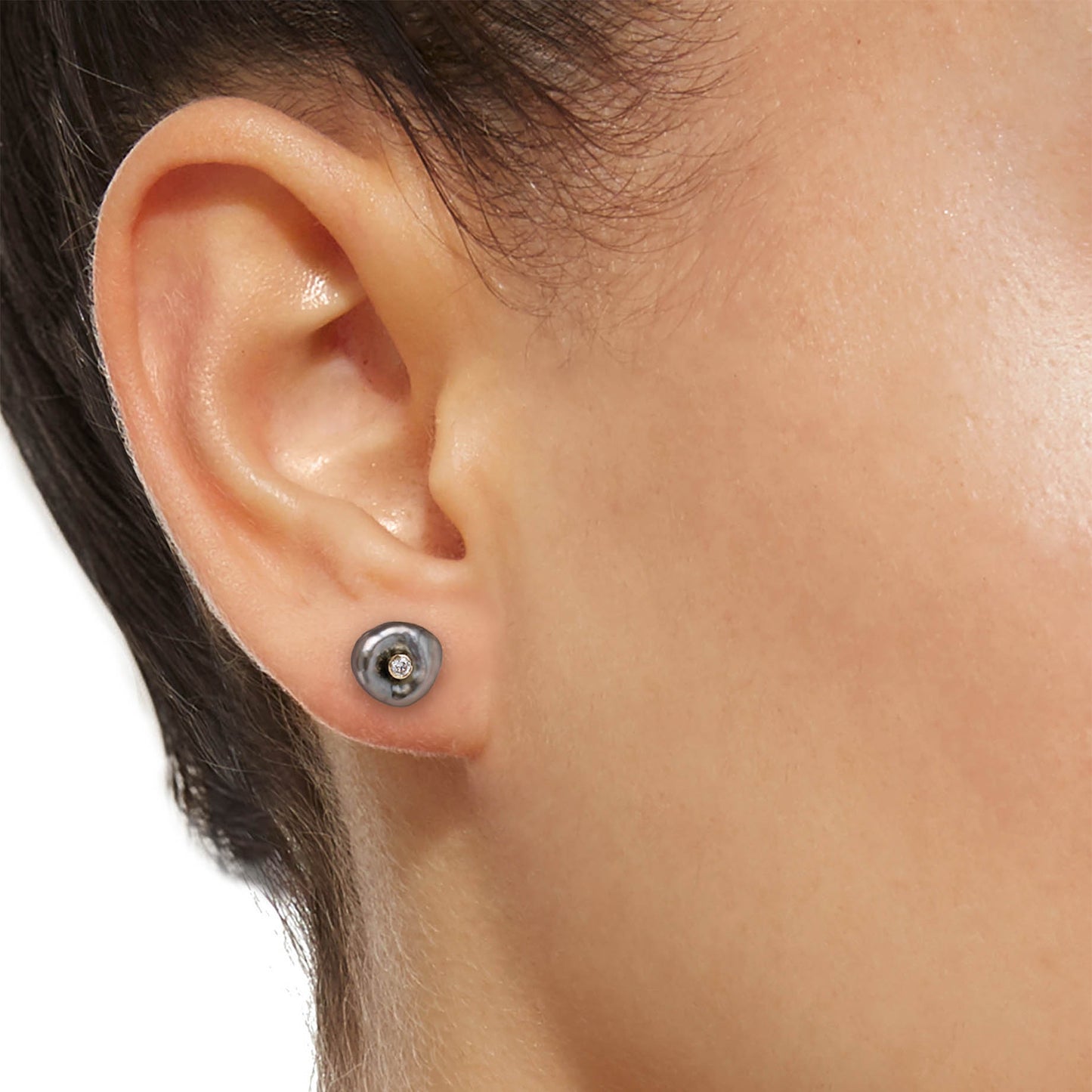 Underwater Grey Keshi Pearl Diamond Earrings in 18K Gold