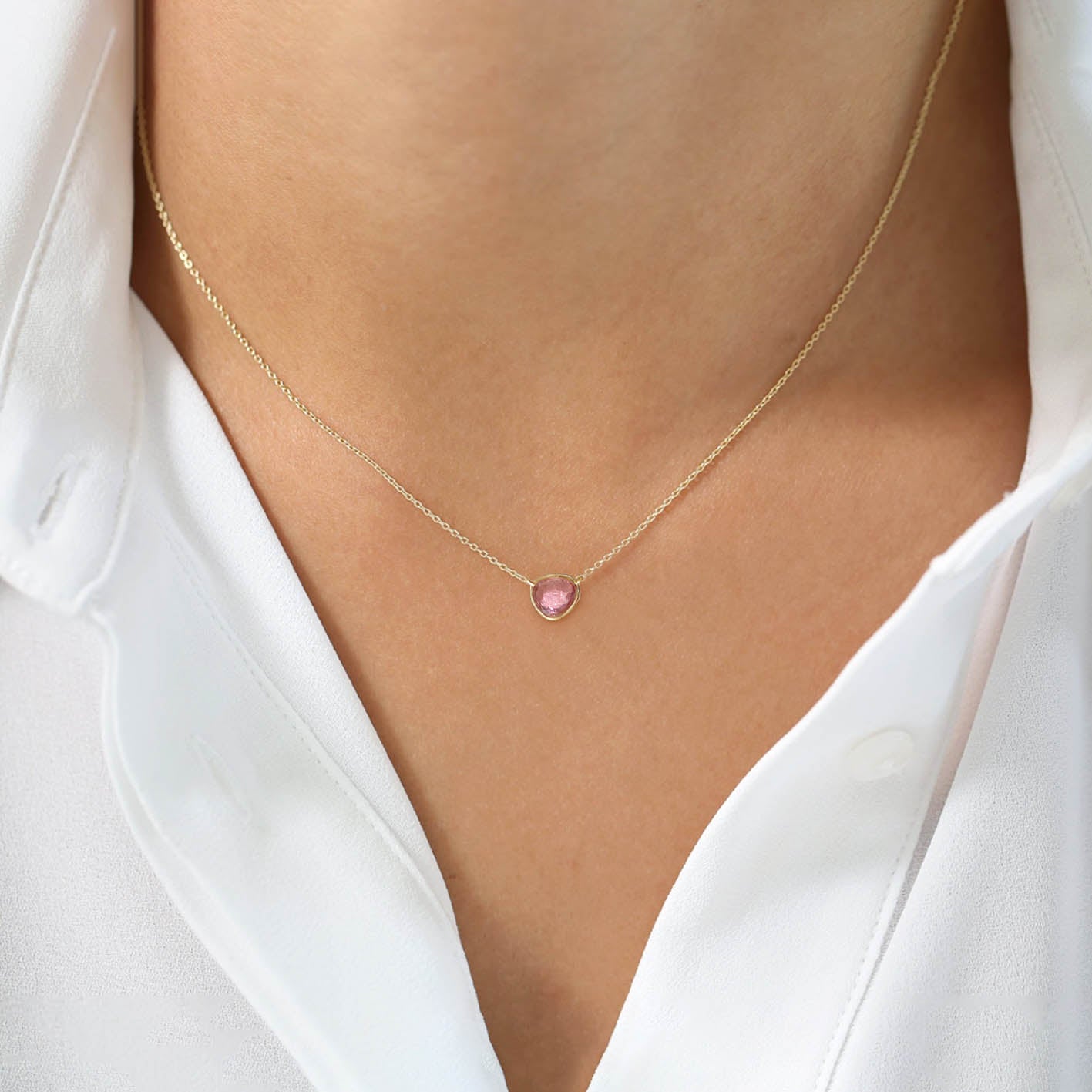 love more pink sapphire necklace 18k gold on neck
