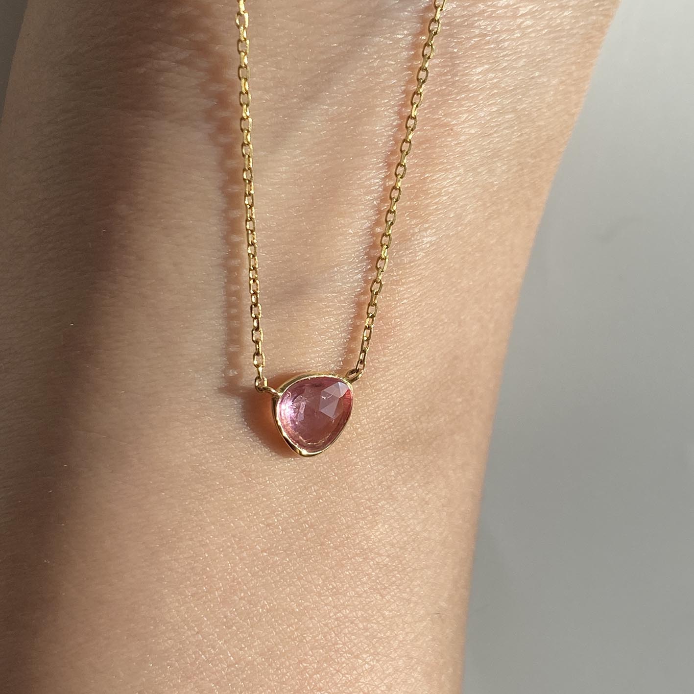 love more pink sapphire necklace 18k gold on neck