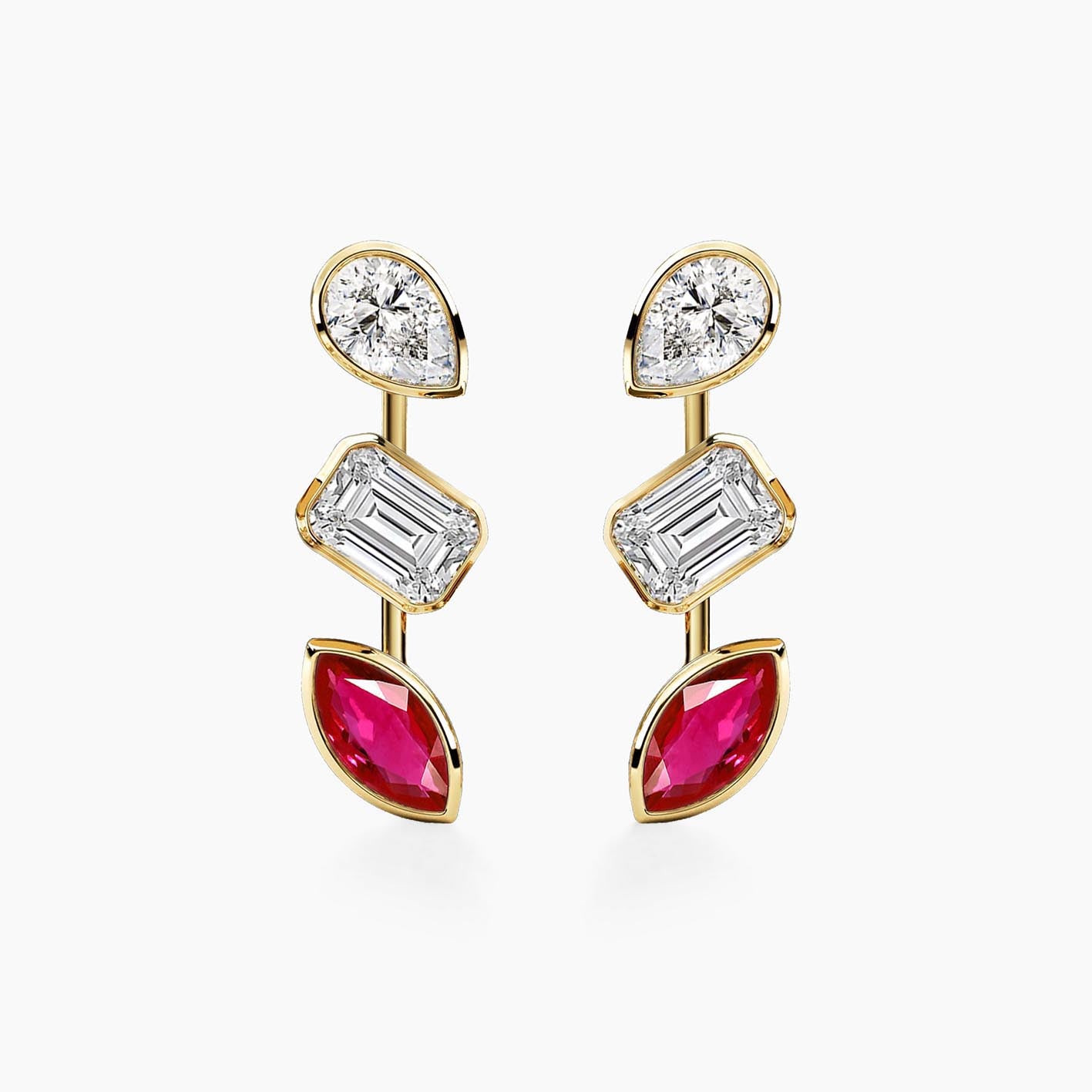 teide fancy cut diamonds and ruby bezel earrings in 18k gold