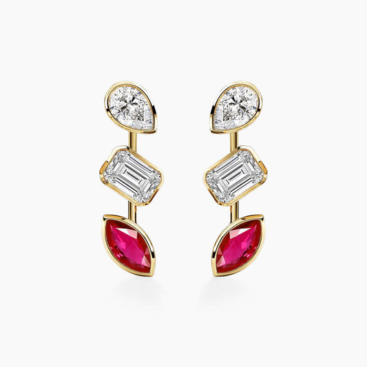 teide fancy cut diamonds and ruby bezel earrings in 18k gold