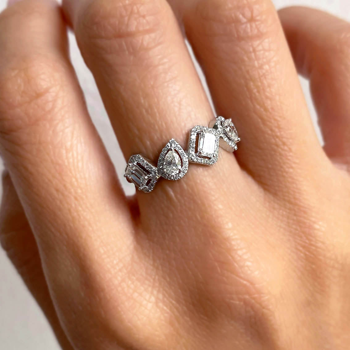 teide mixed-cut diamond ring in 18k white gold on hand