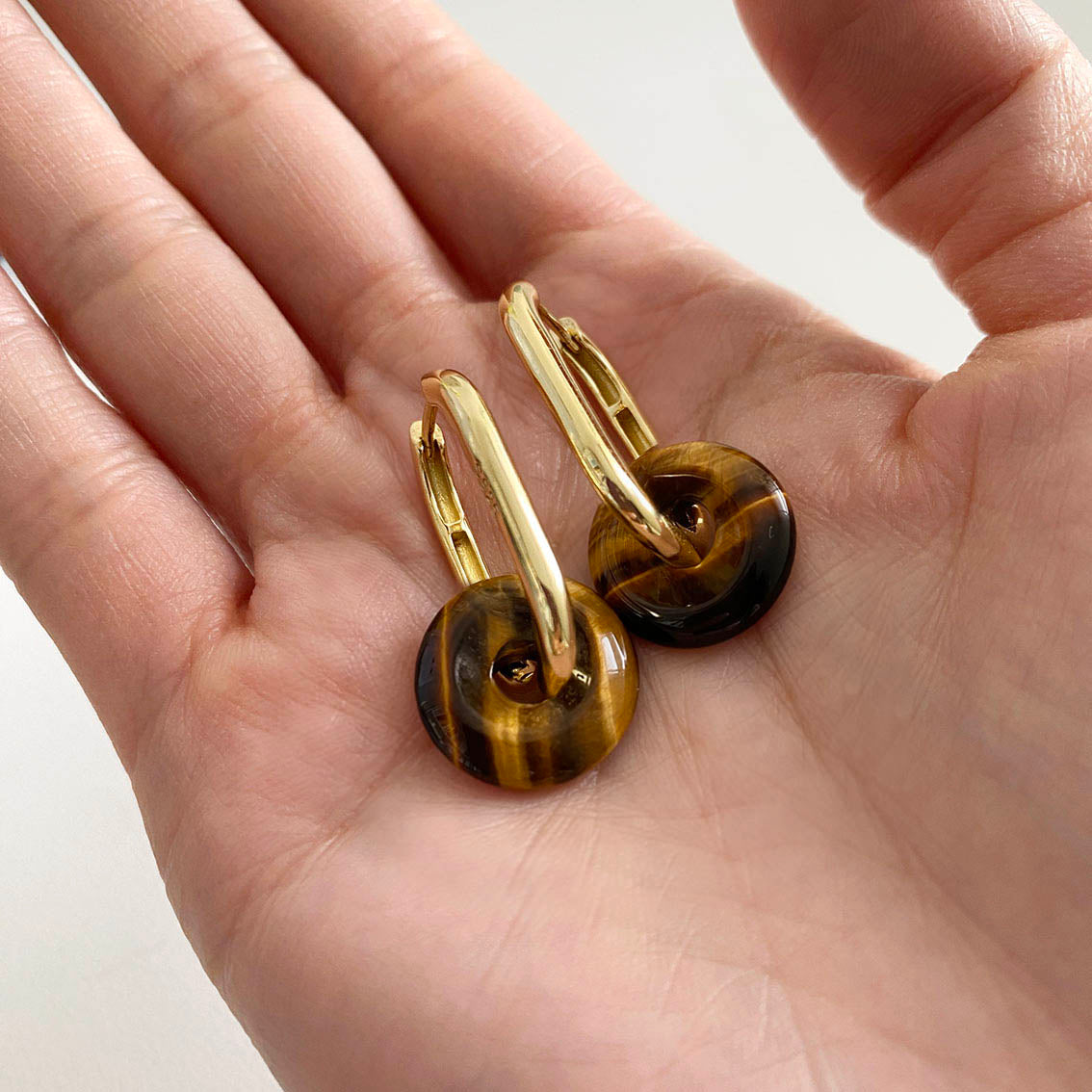 tiger eye big small oval earrings 18k gold plated sterling silver on hand
