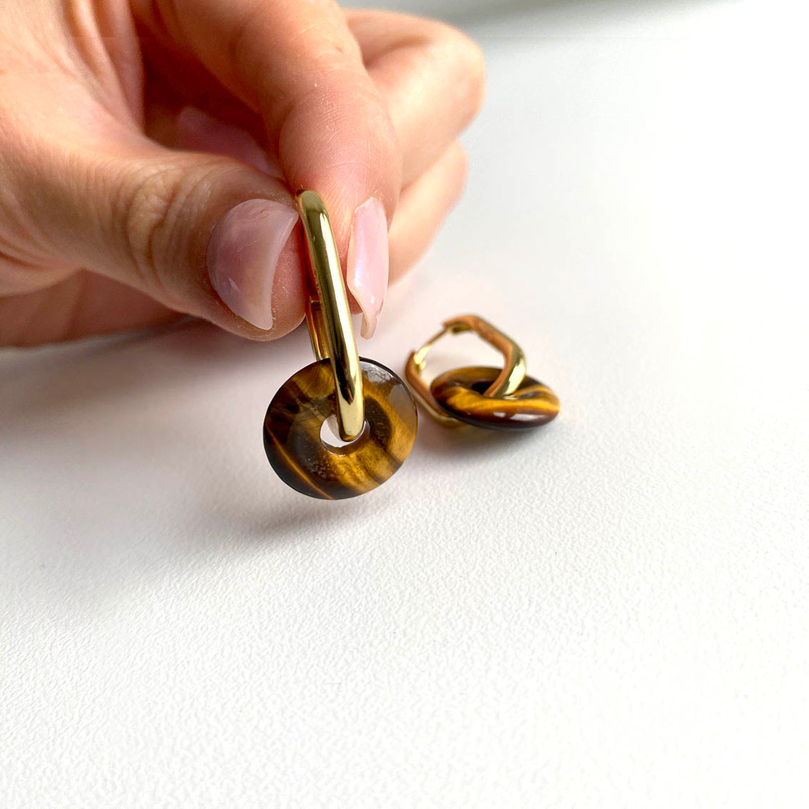 tiger eye big small oval earrings 18k gold plated sterling silver
