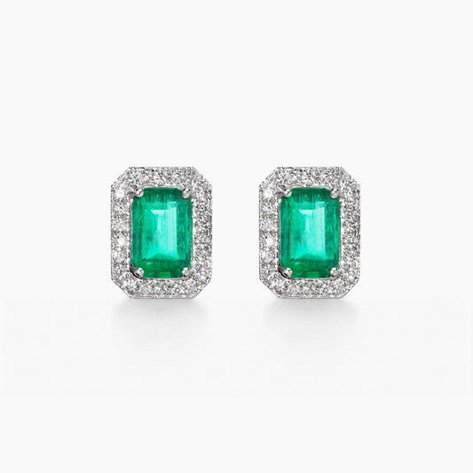 1.2ct emerlad diamond halo earrings in 18k white gold