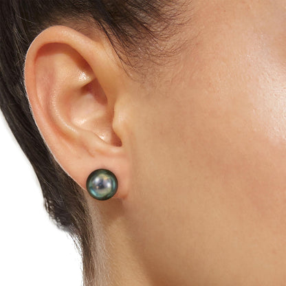 12mm green tahitian pearl earrings in 18k gold on ear