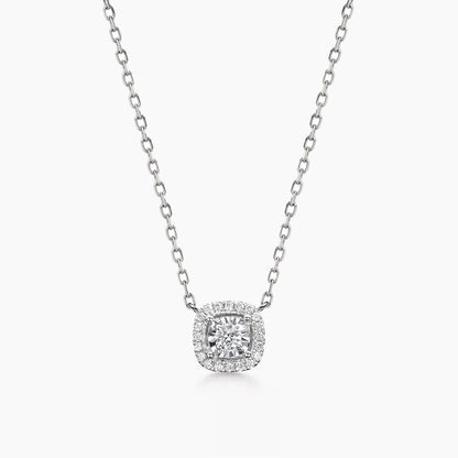 embrace 0.15ct cushion halo diamond necklace in 18k white gold