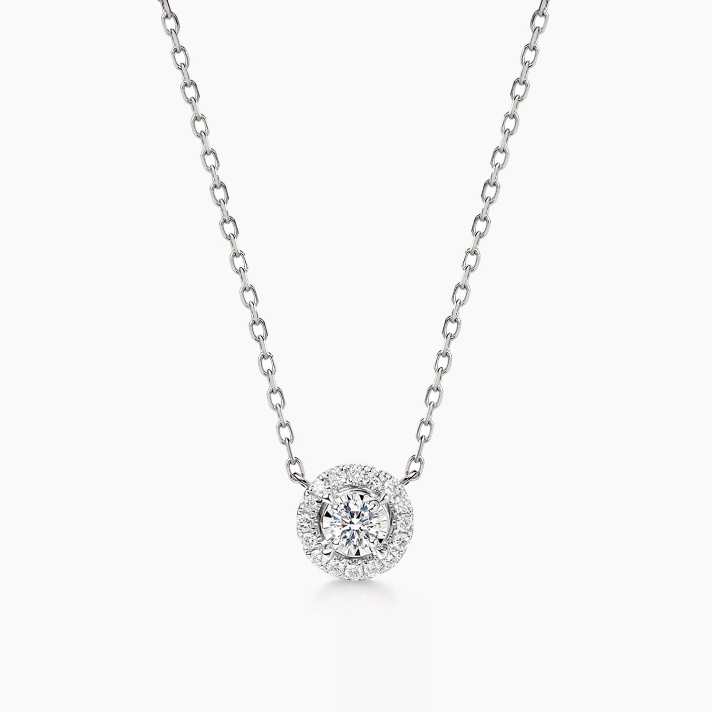 embrace 0.15ct round halo diamond necklace in 18k white gold