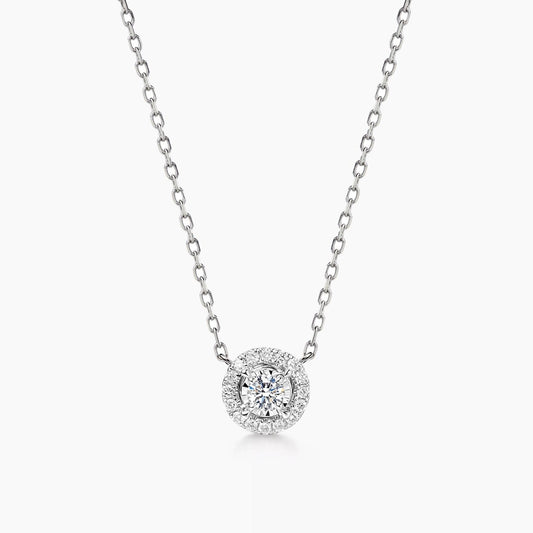 embrace 0.15ct round halo diamond necklace in 18k white gold