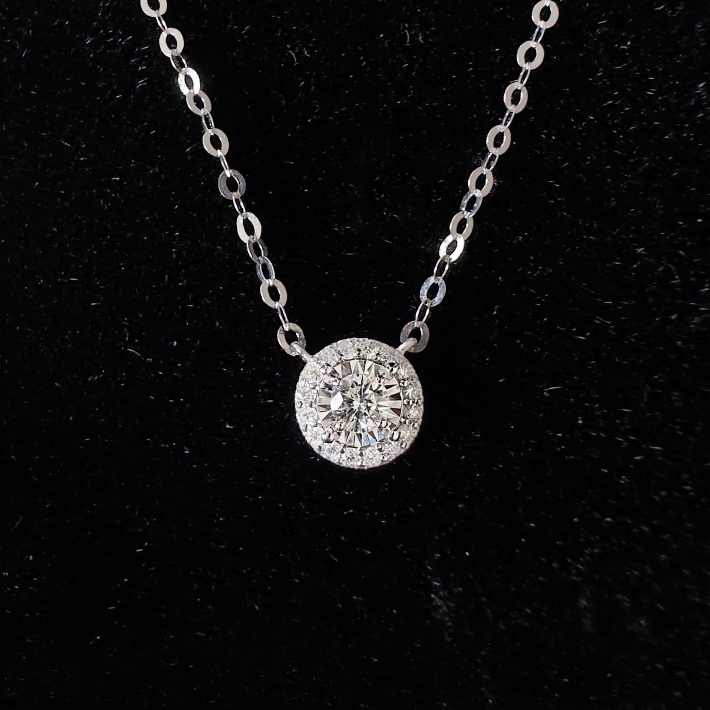 embrace 0.15ct round halo diamond necklace in 18k white gold