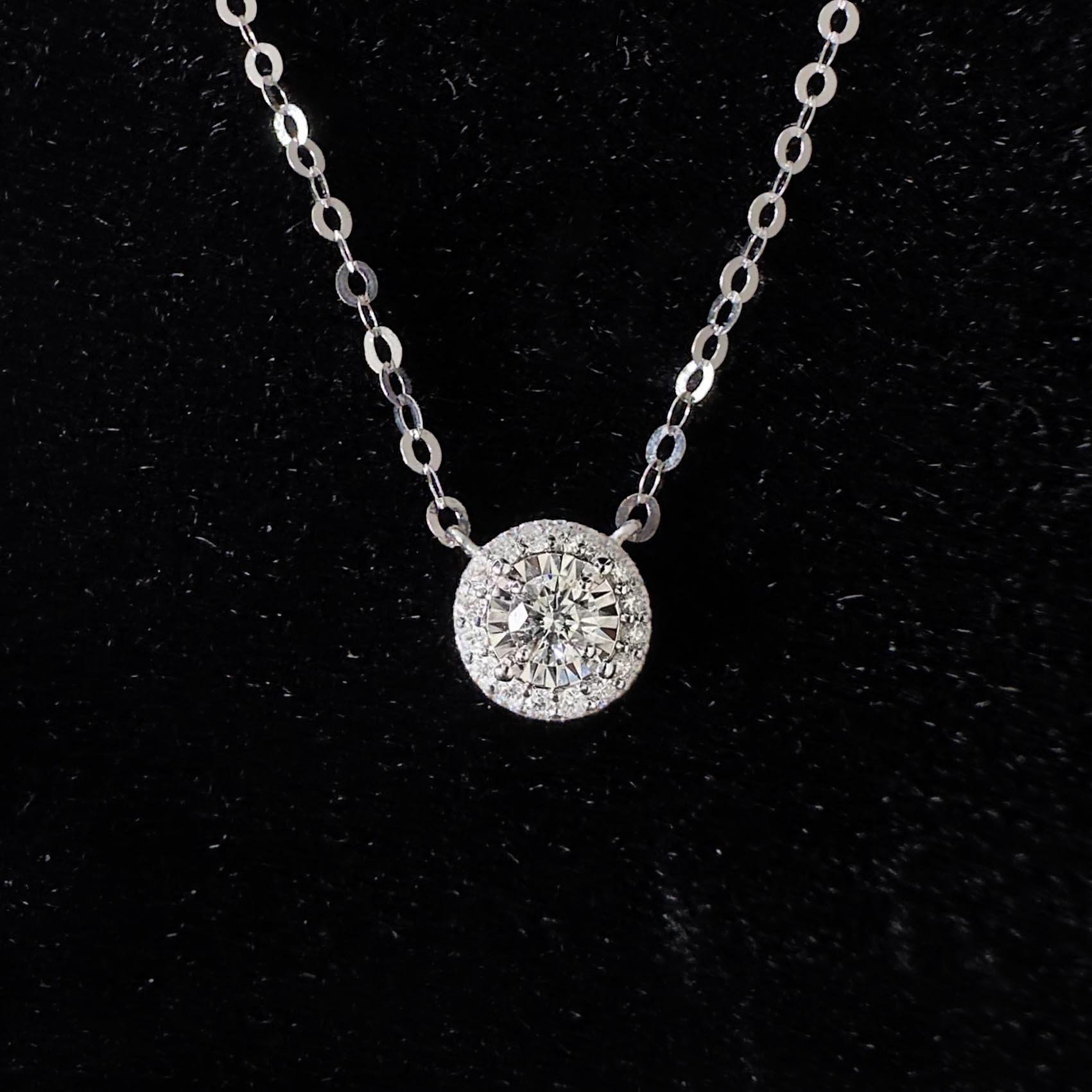 embrace 0.15ct round halo diamond necklace in 18k white gold