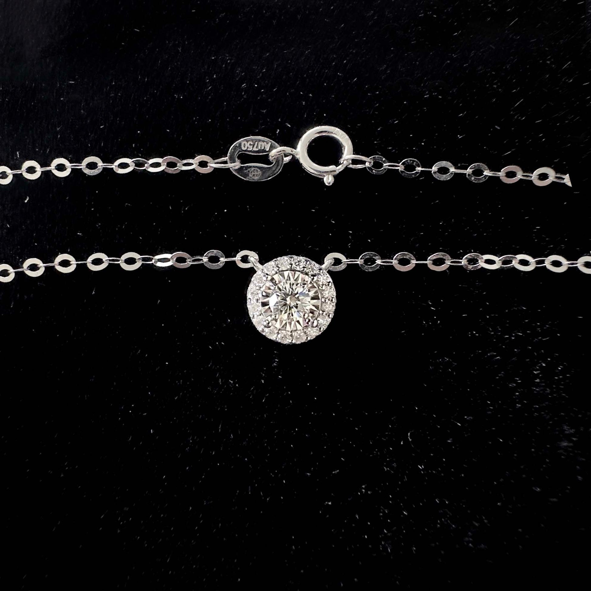 embrace 0.15ct round halo diamond necklace in 18k white gold