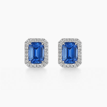 one of a kind sapphire earrings with diamond halo 18k white gold