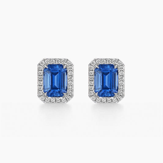 one of a kind sapphire earrings with diamond halo 18k white gold