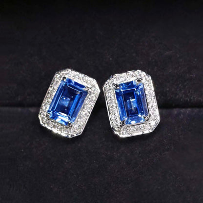 one of a kind sapphire earrings with diamond halo 18k white gold in box