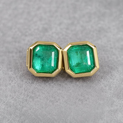 1.01ct bezel set asscher cut emerald earrings in 18k gold front view
