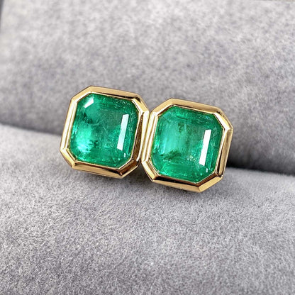 1.01ct bezel set asscher cut emerald earrings in 18k gold