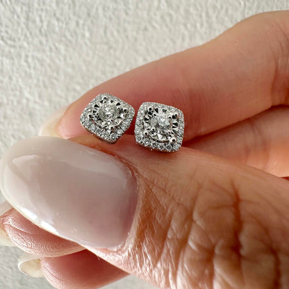 0.3ct cushion diamond halo earrings in 18k white gold close up