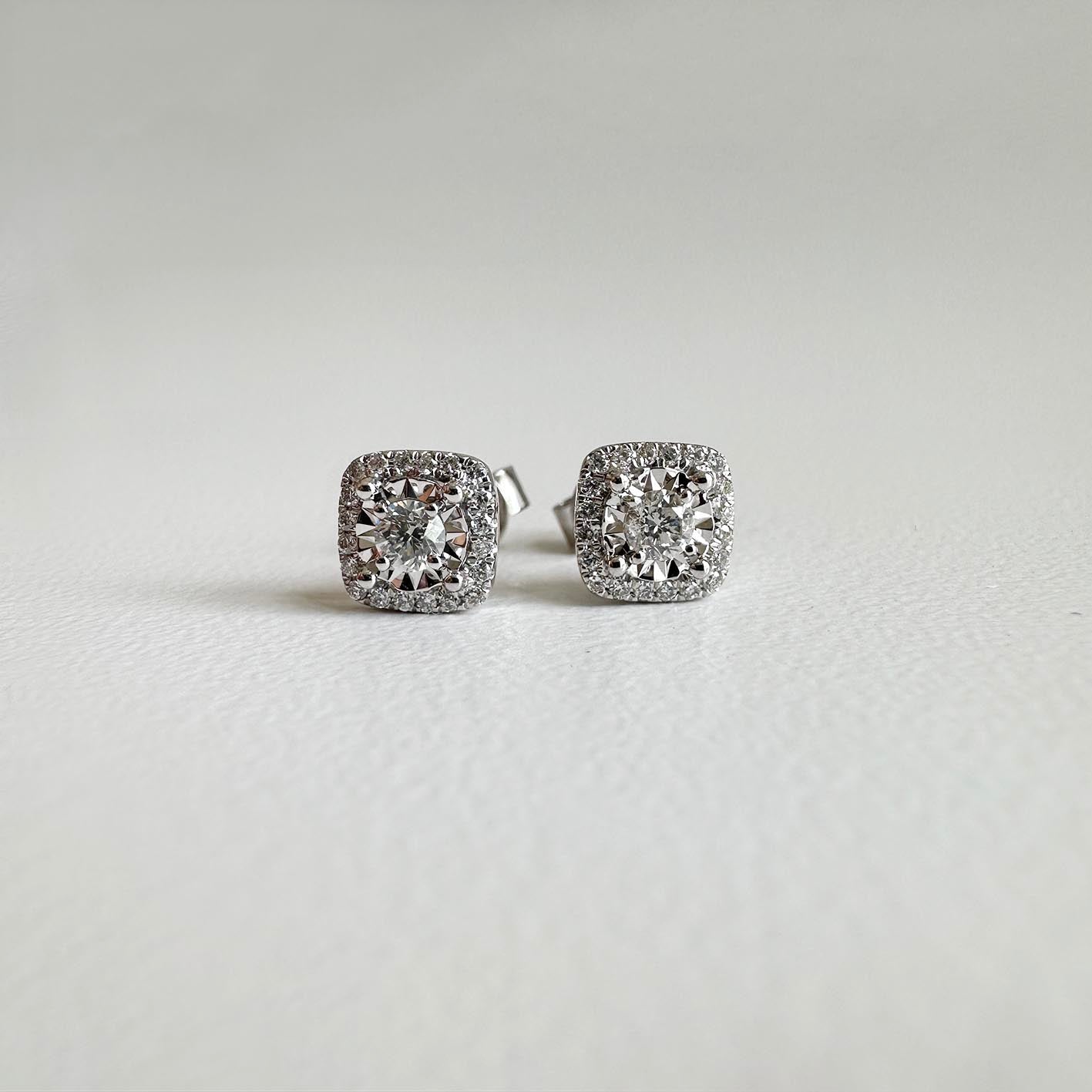 0.3ct cushion diamond halo earrings in 18k white gold