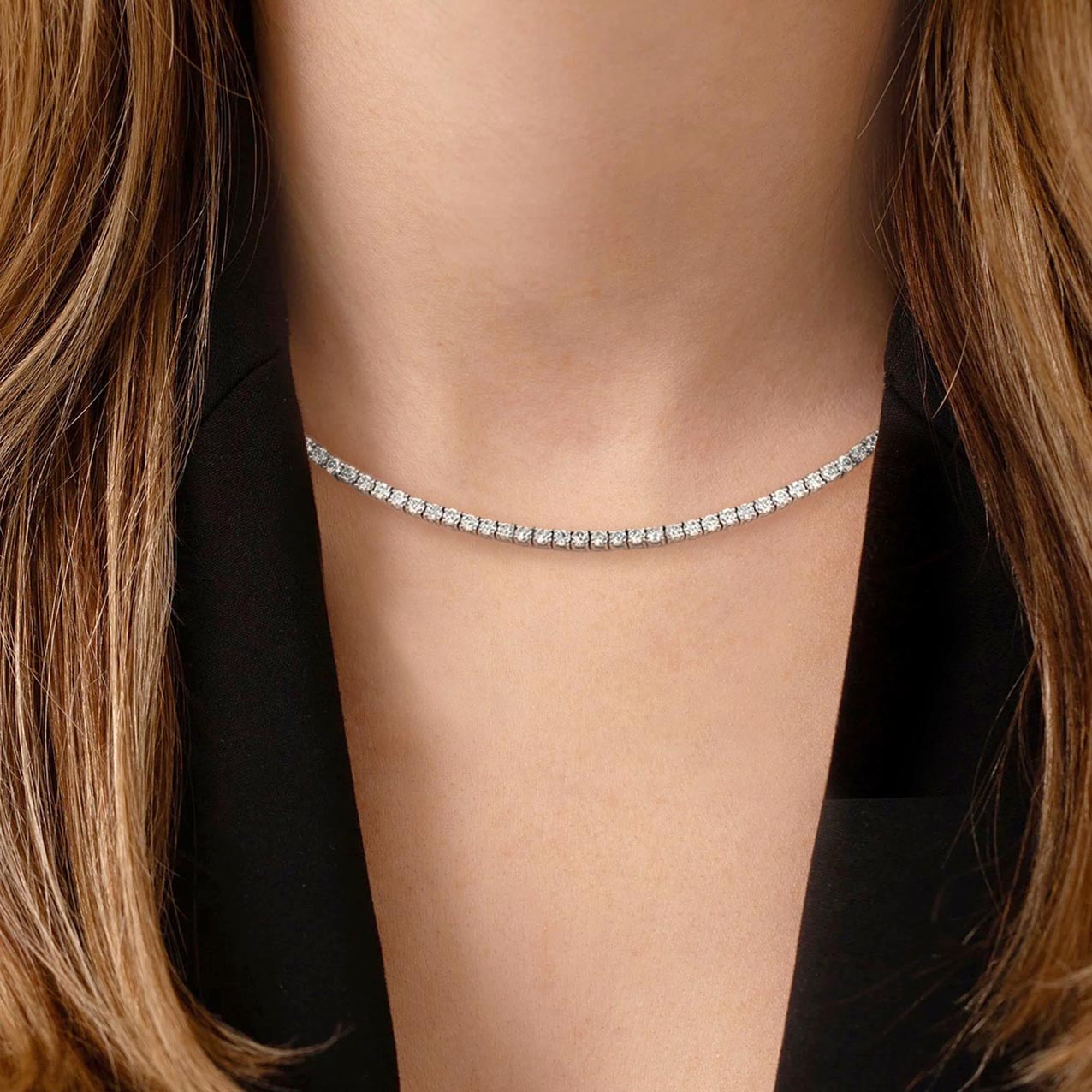 embrace 6ct diamond tennis mecklace in 18k white gold on neck