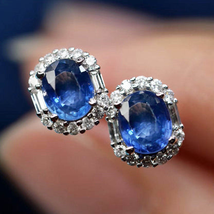 ooak 0.78ct oval sapphire diamond earrings 18k white gold on hand