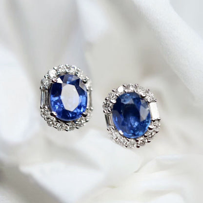 ooak 0.78ct oval sapphire diamond earrings 18k white gold