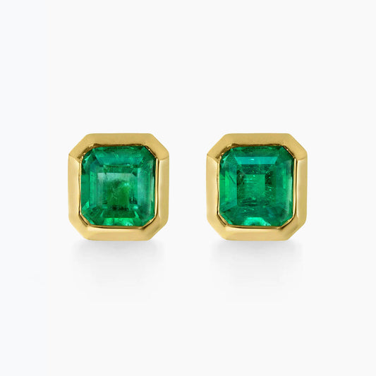 0.87ct bezel set asscher emerald earrings in 18k gold
