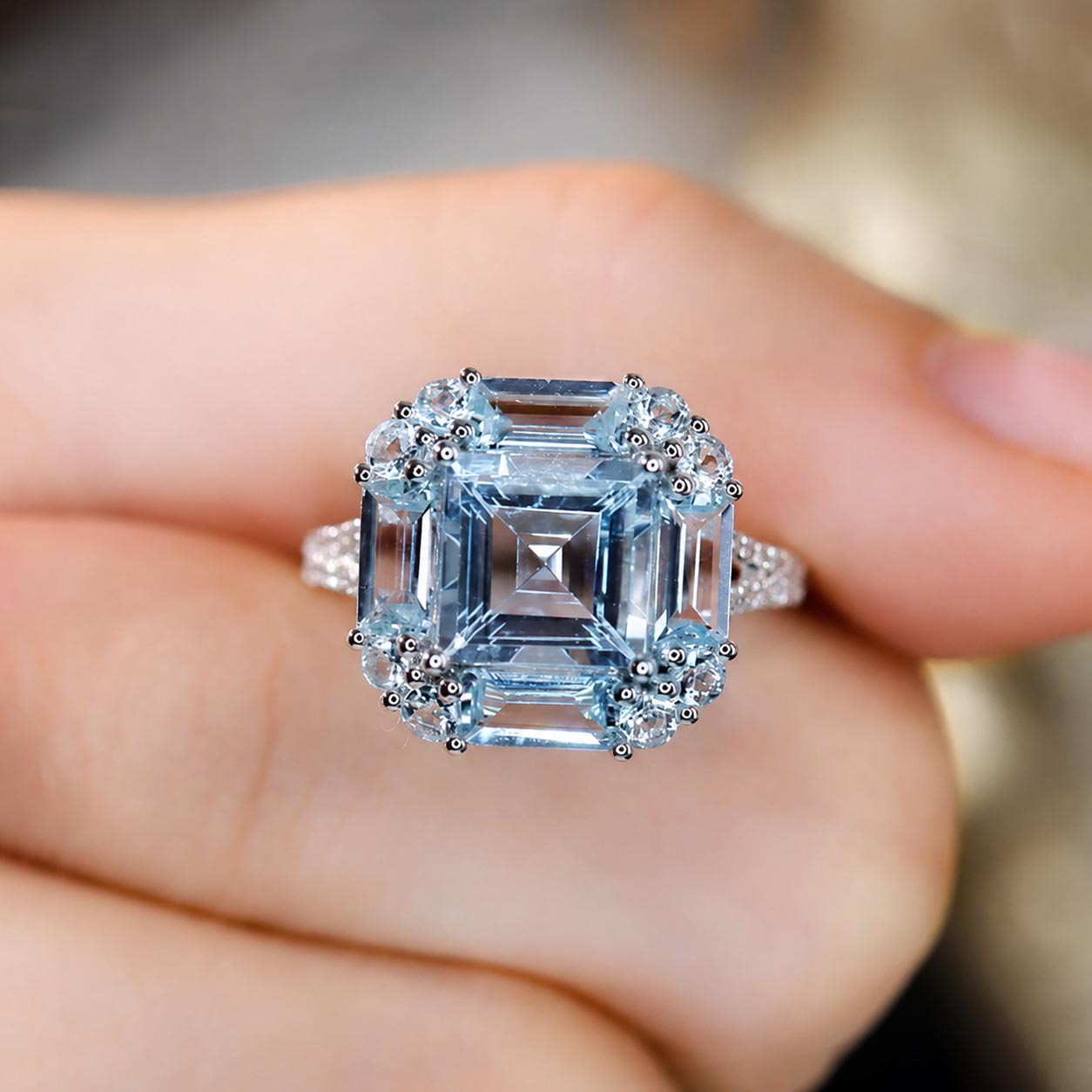 aquamarine diamond ring 18k white gold on hand