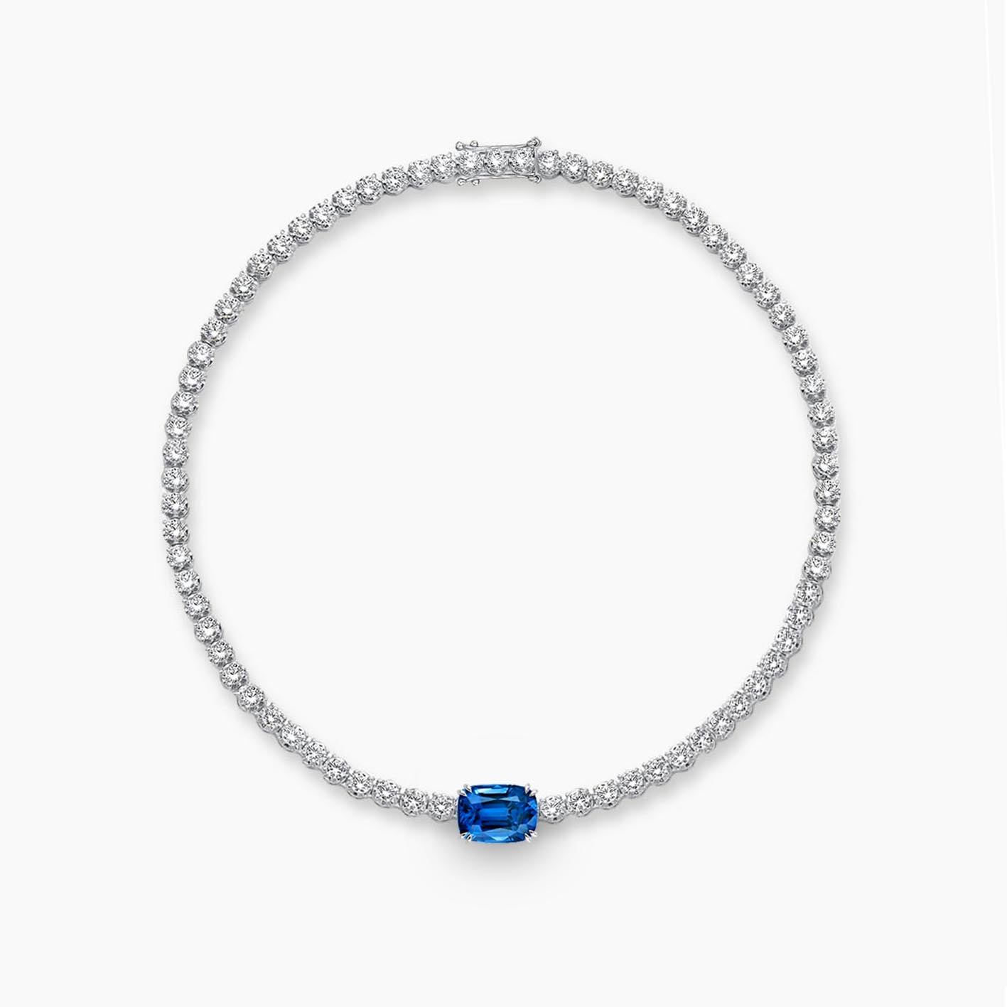 disco 2ct cushion sapphire diamond tennis bracelet in 18k white gold