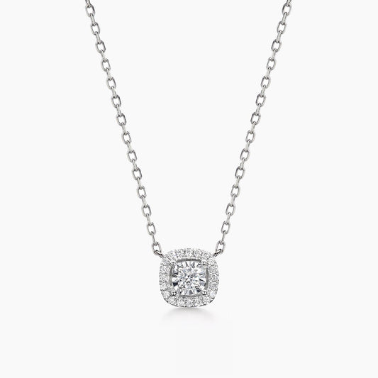 embrace 0.15ct cushion diamond halo necklace in 18k white gold