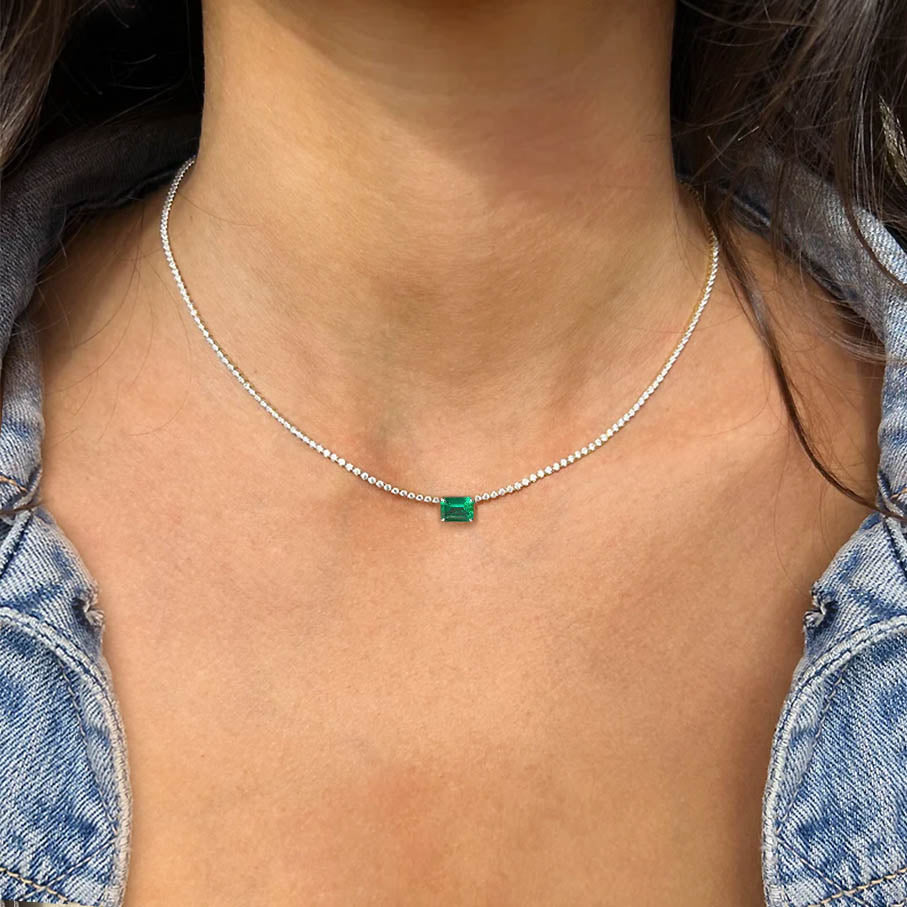 Emerald and Diamond Tennis Necklace in 18K White Gold