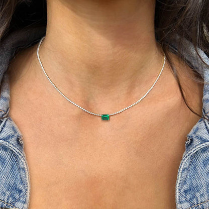 Emerald and Diamond Tennis Necklace in 18K White Gold