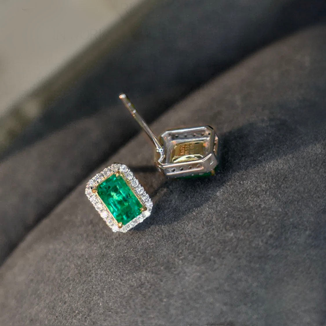 emerald earrings diamond halo in 18k white gold back