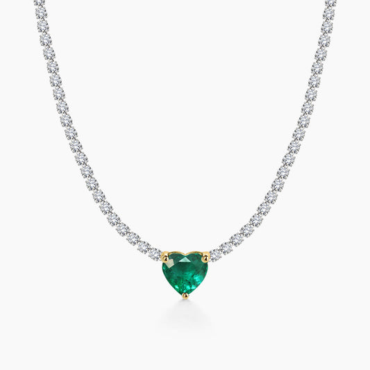 emerald heart half diamond tennis necklace 18k white gold