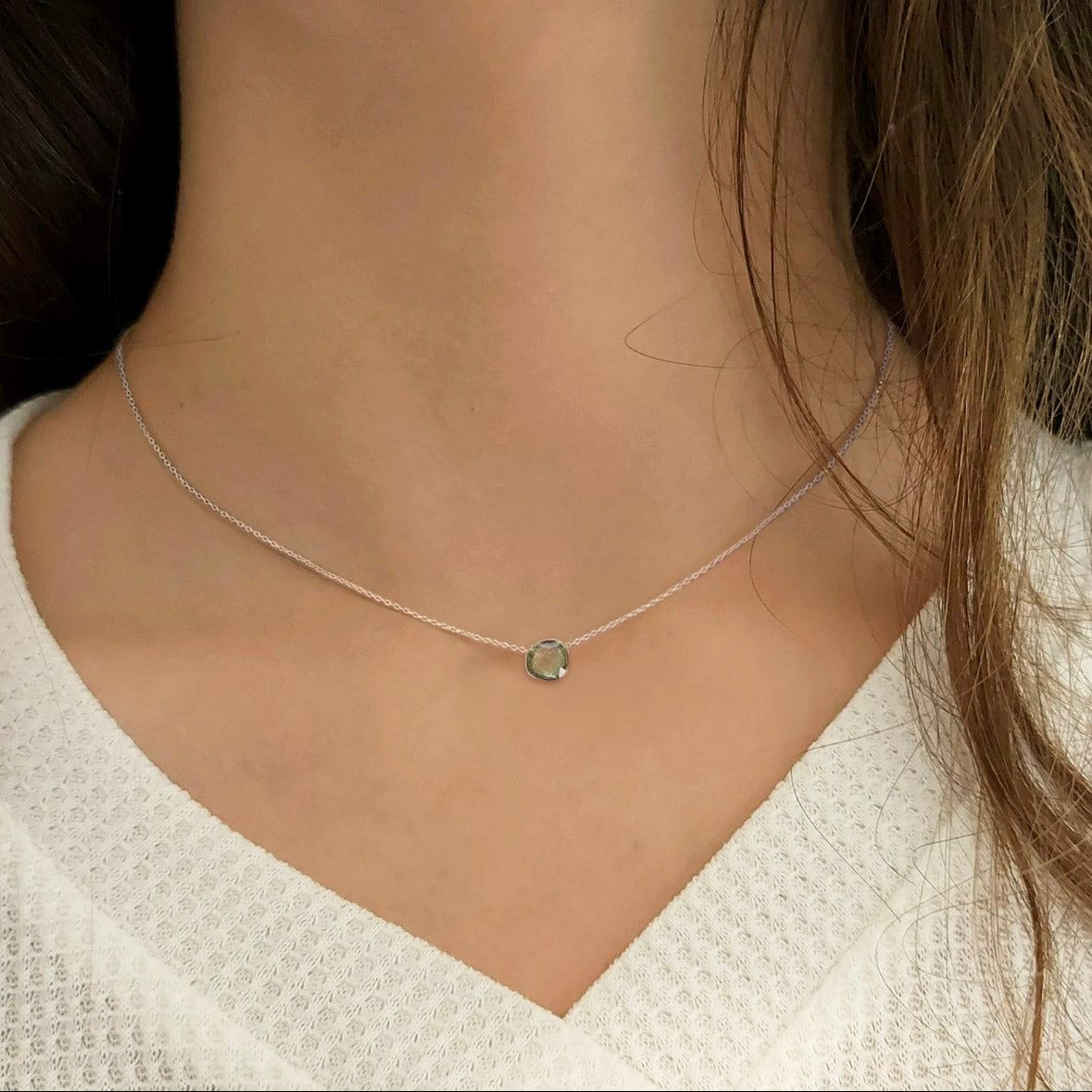love more green sapphire necklace 18k white gold on model