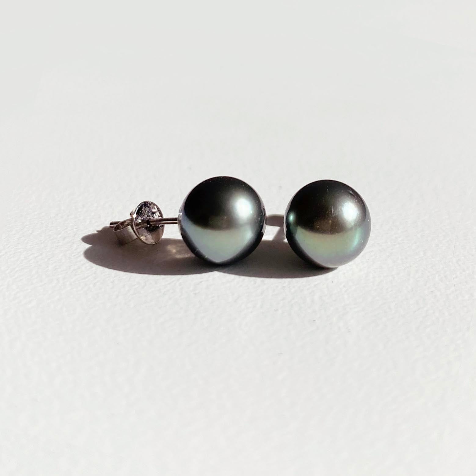 green tahitian pearl diamond earrings 18k white gold