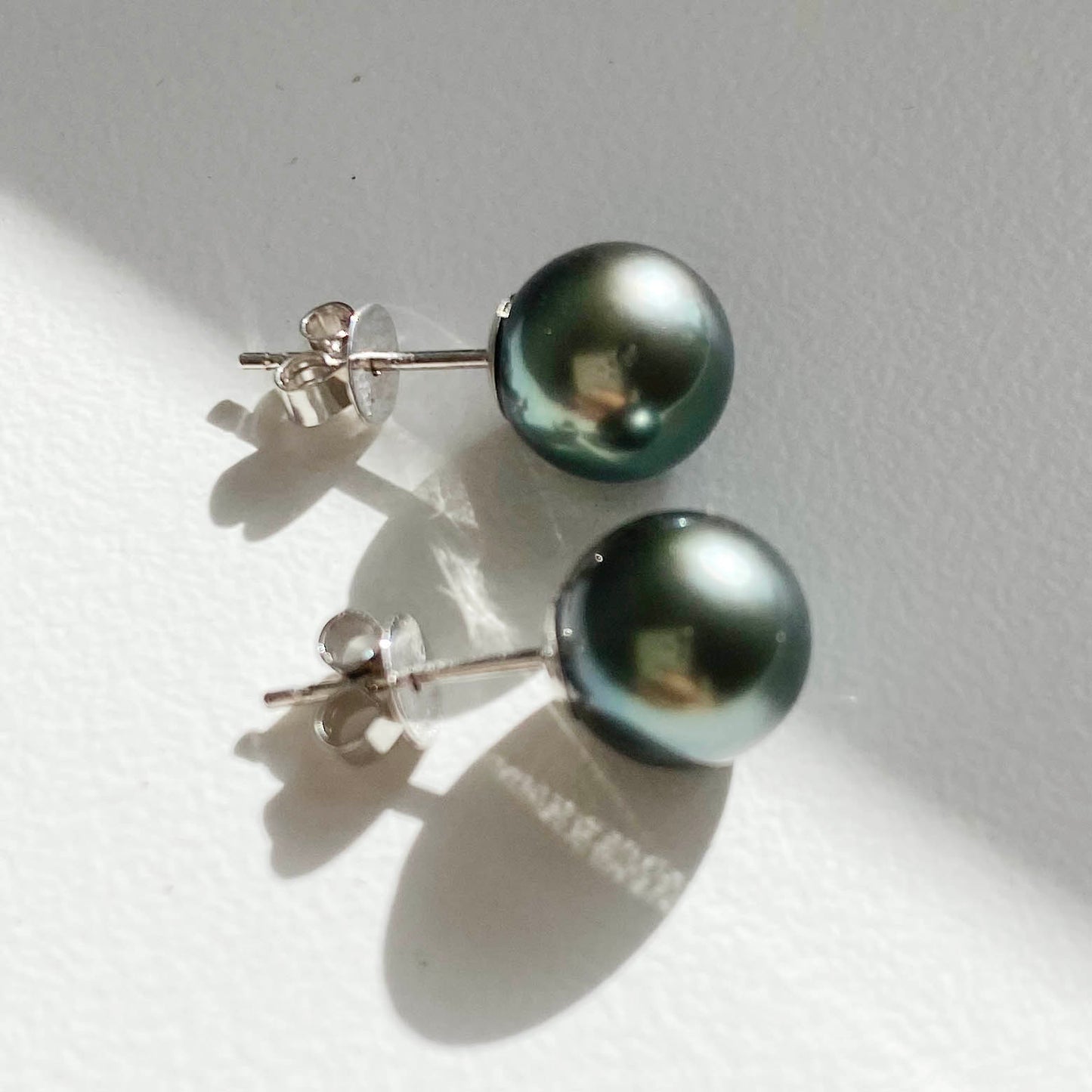 green tahitian pearl diamond earrings 18k white gold