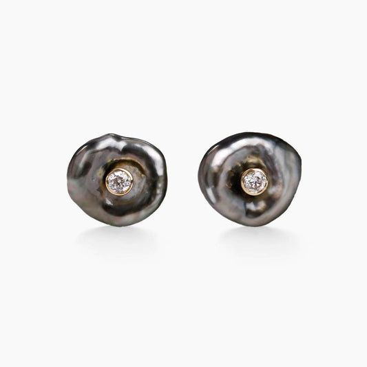 Underwater Grey Keshi Pearl Diamond Earrings in 18K Gold