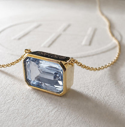 love more bezel ceylon blue sapphire necklace in 18K gold side view