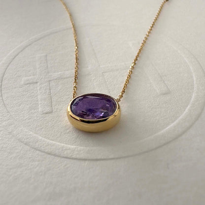 love more bezel set oval purple sapphire necklace in 18k gold side view