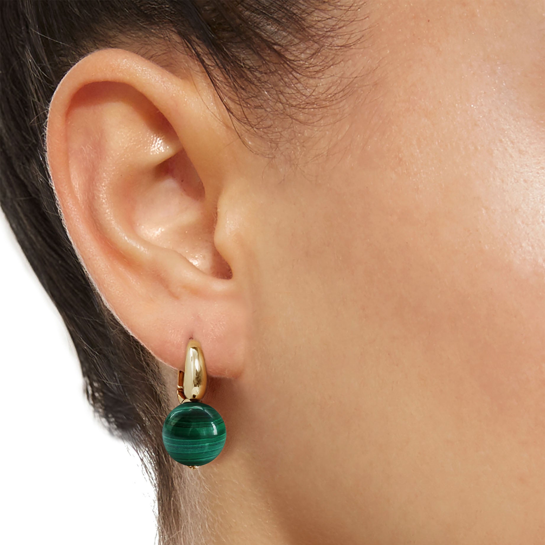 jullie green malachite ball earrings in 18k gold plated sterling silver on ear