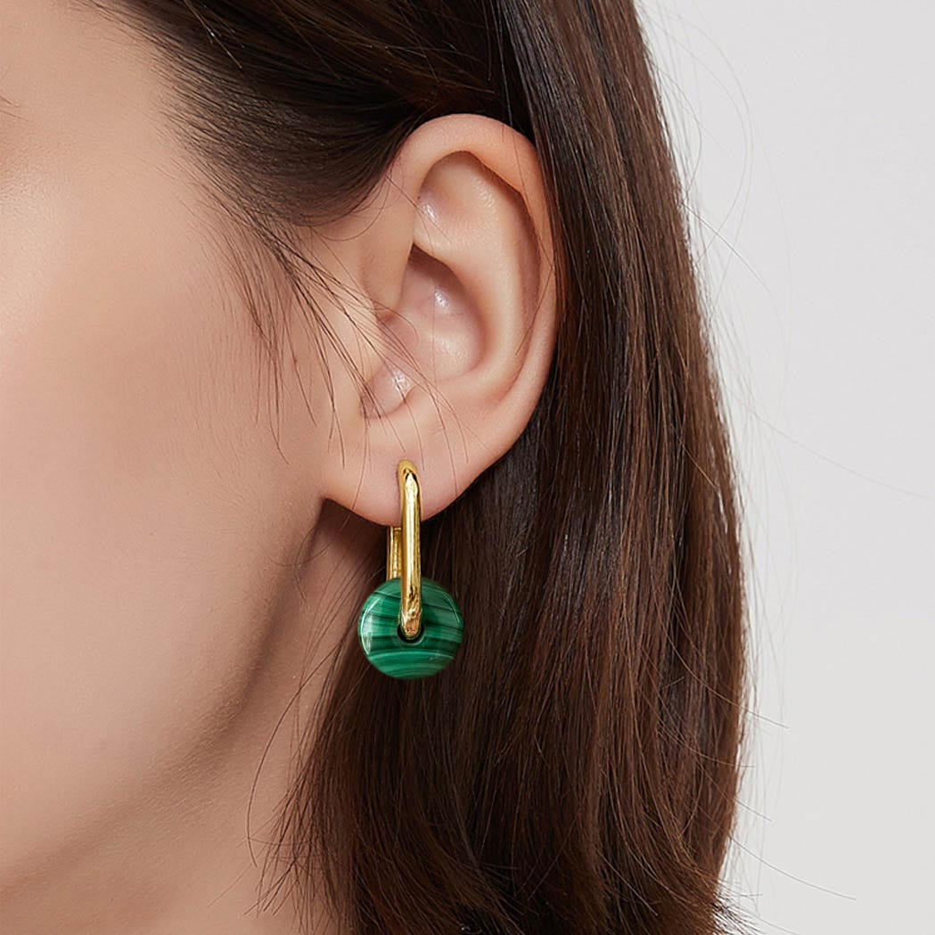 malachite hoop earrings 18k gold plated sterling silver on ear