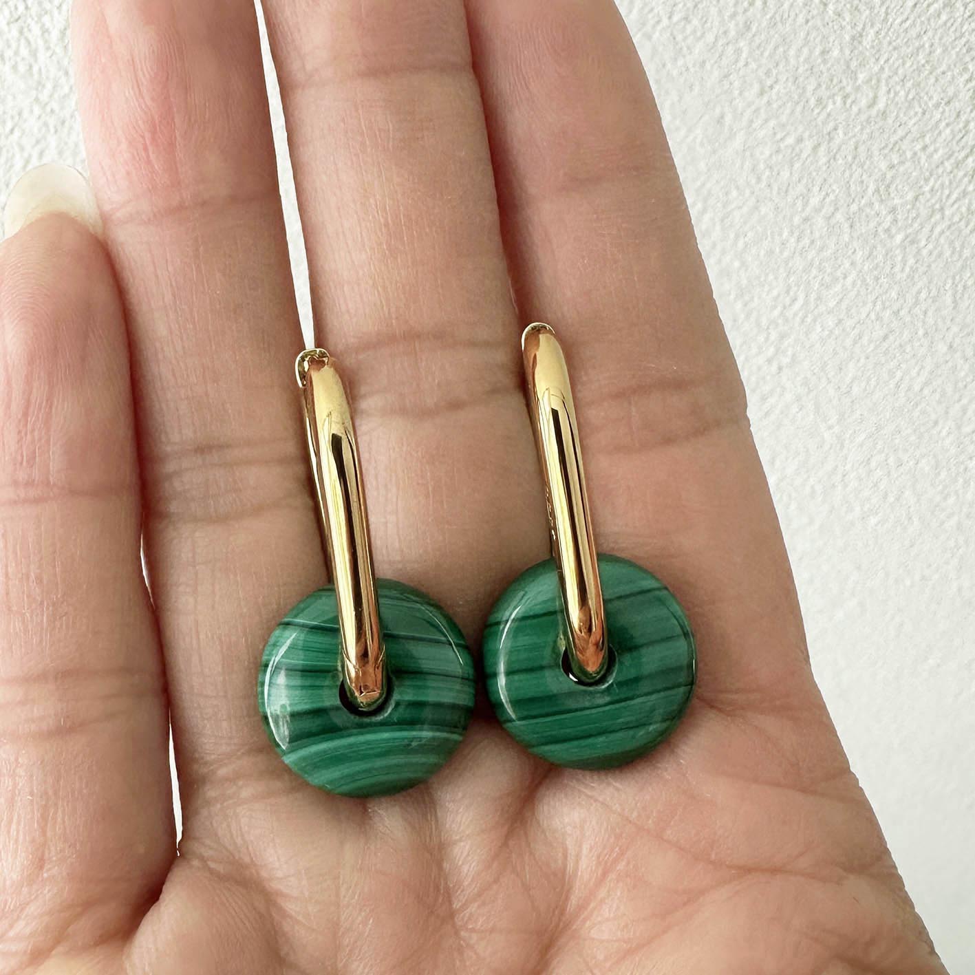 malachite hoop earrings 18k gold plated sterling silver on hand