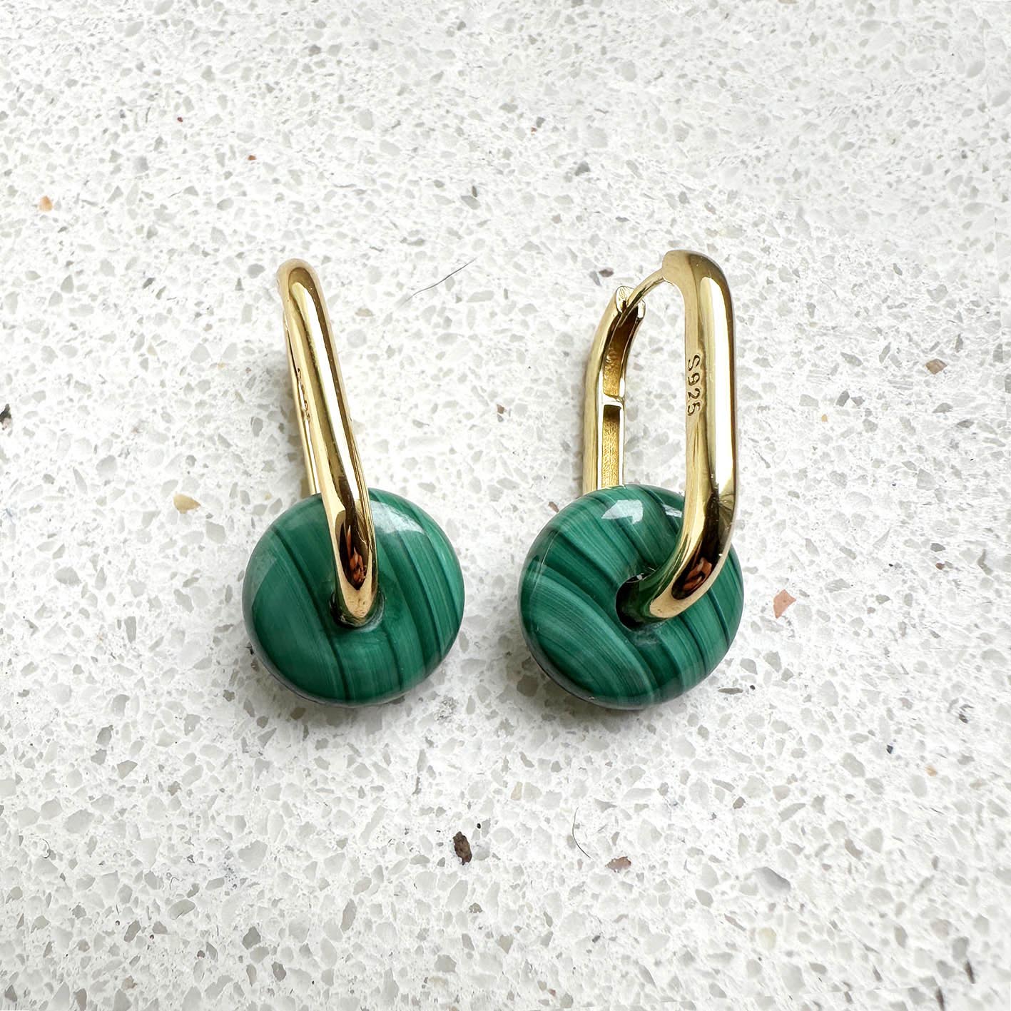 malachite hoop earrings 18k gold plated sterling silver