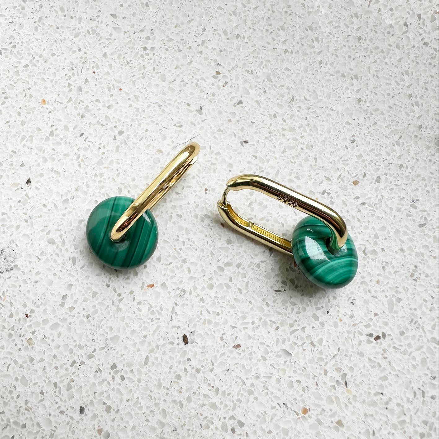 malachite hoop earrings 18k gold plated sterling silver