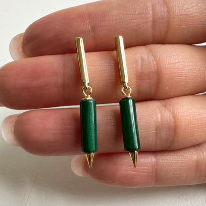 jullie malachite stick earrings in 18k gold plated sterling silver on hand