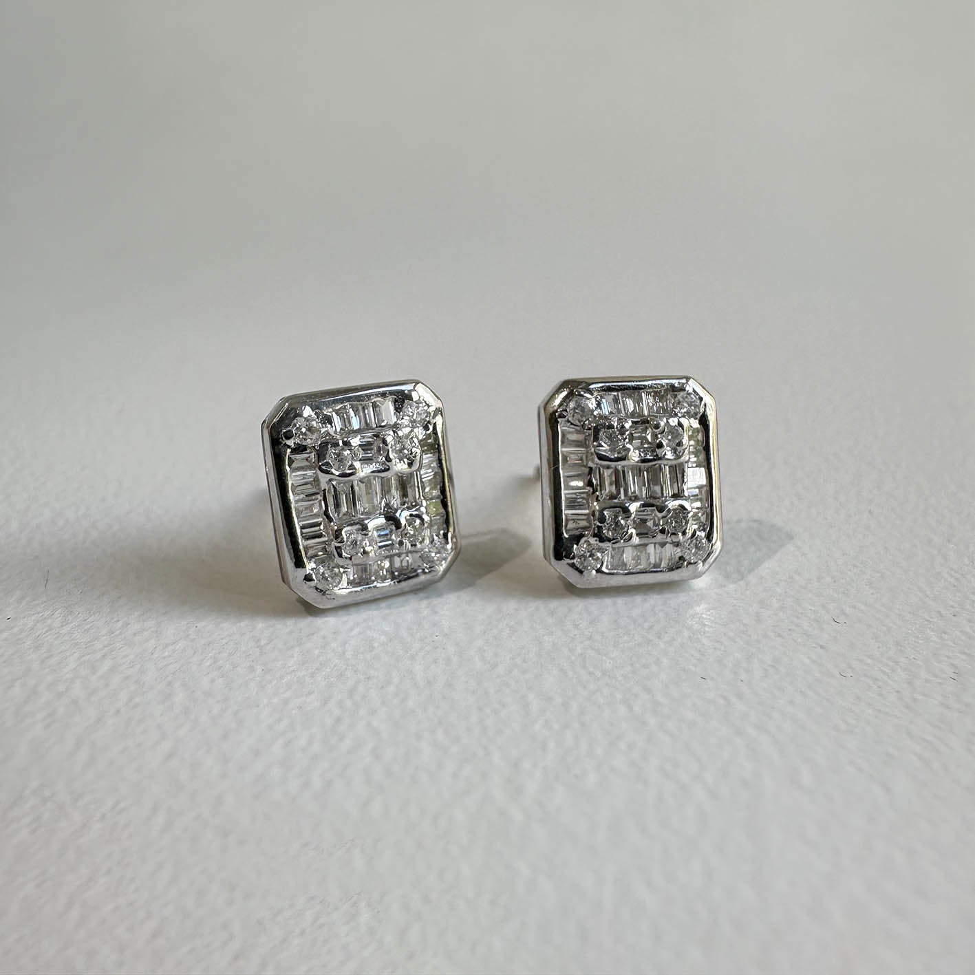 ooak 0.46ct emerald shape diamond cluster earrings in 18k white gold