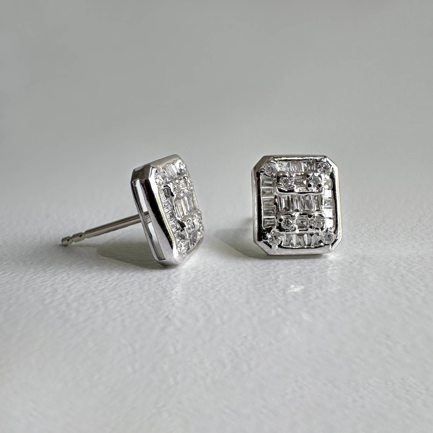 ooak 0.46ct emerald shape diamond cluster earrings in 18k white gold side view