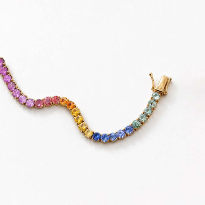 one of a kind 7.8ct rainbow sapphire tennis bracelet in 18k gold